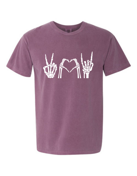 peace, love & rock skeleton t-shirt