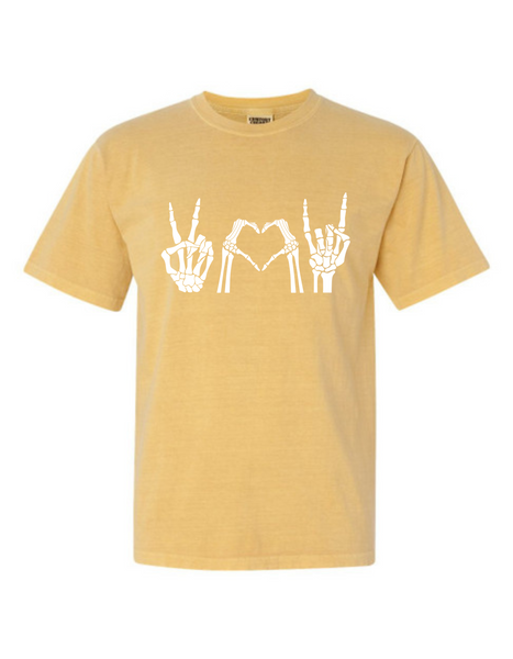 peace, love & rock skeleton t-shirt