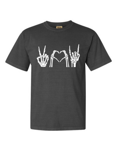 peace, love & rock skeleton t-shirt