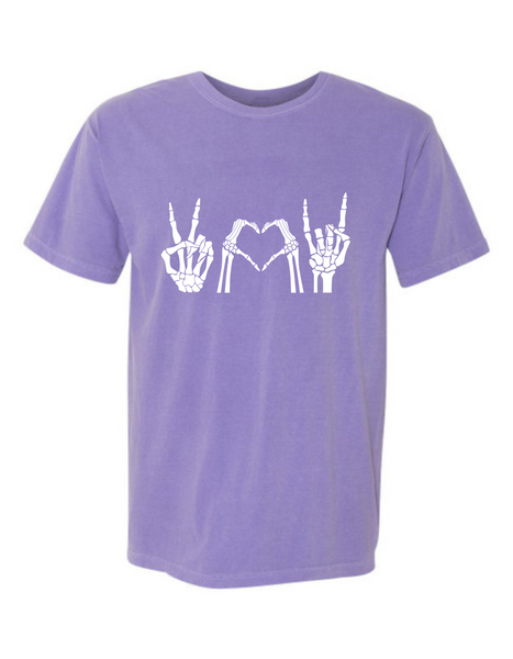 peace, love & rock skeleton t-shirt